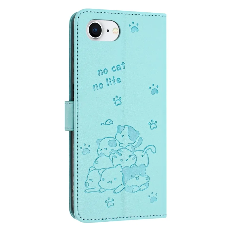 For iPhone 17e / 16e Case with Strap Cats Imprint Leather Wallet Phone Cover - Green