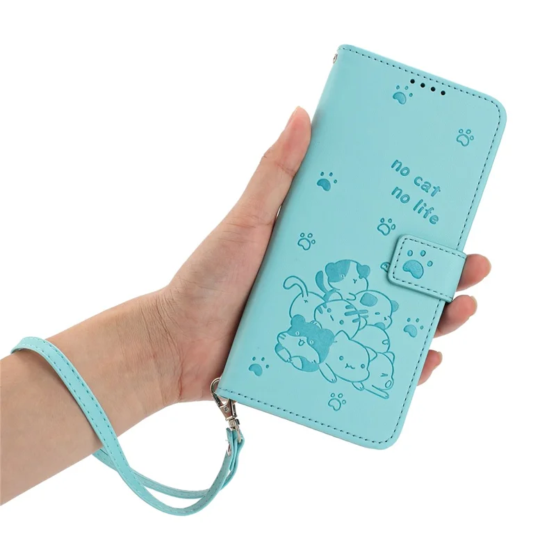 For iPhone 17e / 16e Case with Strap Cats Imprint Leather Wallet Phone Cover - Green