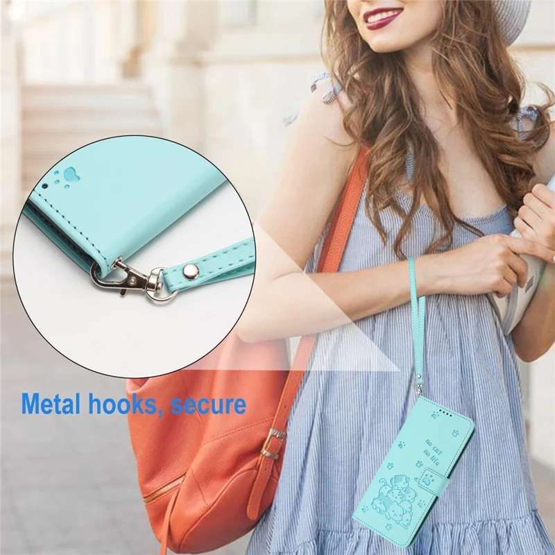 For iPhone 17e / 16e Case with Strap Cats Imprint Leather Wallet Phone Cover - Green