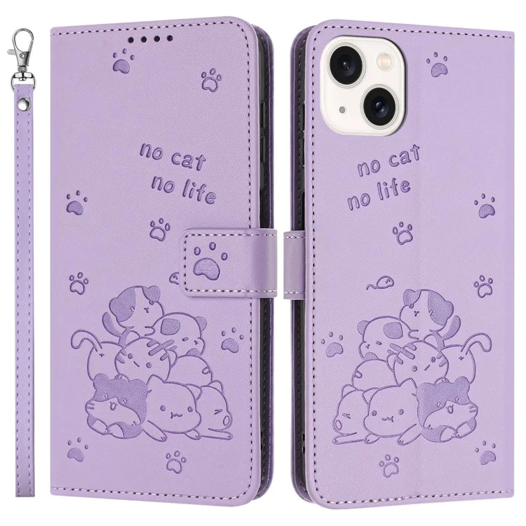 For iPhone 15 Plus  /  14 Plus Case with Strap Cats Imprint Leather Wallet Phone Cover - Purple