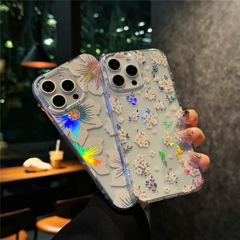 For iPhone 15 Pro Max Case Laser Flower IMD PC+TPU Clear Phone Cover - Geranium