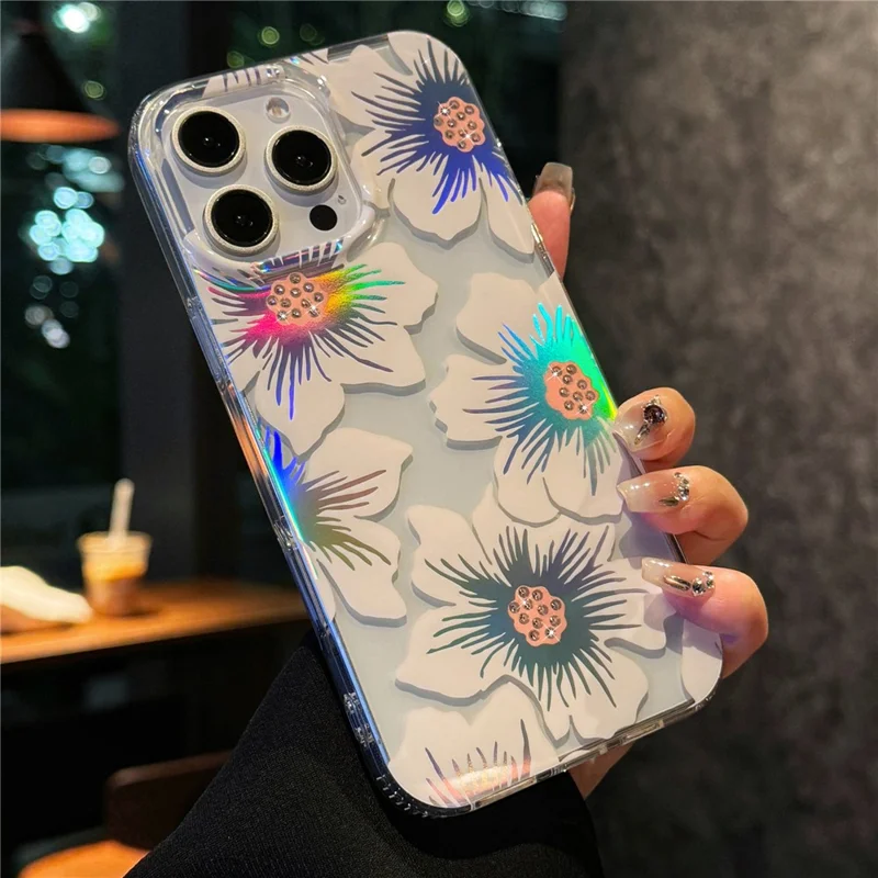 For iPhone 16 Pro Max Case Laser Flower IMD PC+TPU Clear Phone Cover - Lily