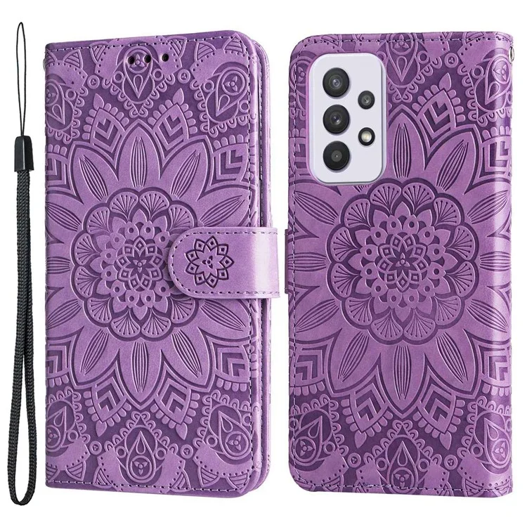 Para Samsung Galaxy A33 5G Sunflower Imprinted Folio Flip Phone Case PU Leather Stand Magnetic Clasp Shockproof Cover with Strap - Púrpura