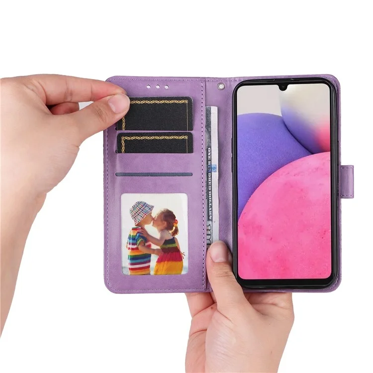 Para Samsung Galaxy A33 5G Sunflower Imprinted Folio Flip Phone Case PU Leather Stand Magnetic Clasp Shockproof Cover with Strap - Púrpura