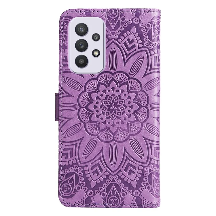 Para Samsung Galaxy A33 5G Sunflower Imprinted Folio Flip Phone Case PU Leather Stand Magnetic Clasp Shockproof Cover with Strap - Púrpura
