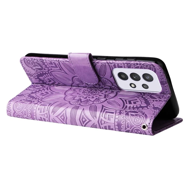 Para Samsung Galaxy A33 5G Sunflower Imprinted Folio Flip Phone Case PU Leather Stand Magnetic Clasp Shockproof Cover with Strap - Púrpura
