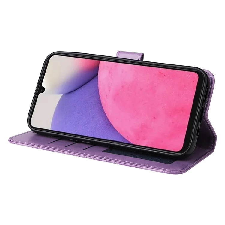 Para Samsung Galaxy A33 5G Sunflower Imprinted Folio Flip Phone Case PU Leather Stand Magnetic Clasp Shockproof Cover with Strap - Púrpura