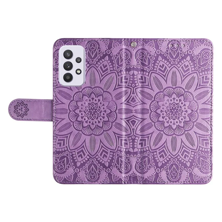 Para Samsung Galaxy A33 5G Sunflower Imprinted Folio Flip Phone Case PU Leather Stand Magnetic Clasp Shockproof Cover with Strap - Púrpura