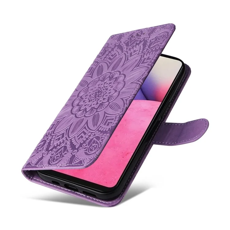 Para Samsung Galaxy A33 5G Sunflower Imprinted Folio Flip Phone Case PU Leather Stand Magnetic Clasp Shockproof Cover with Strap - Púrpura