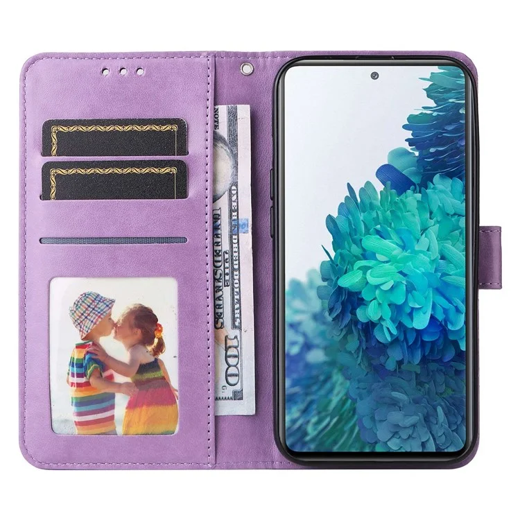 Pour Samsung Galaxy S20 FE / S20 FE 5G / S20 Lite Sunflower Imprinted PU Leather Case Stand Magnetic Clasp Wallet Phone Cover avec sangle - Violet