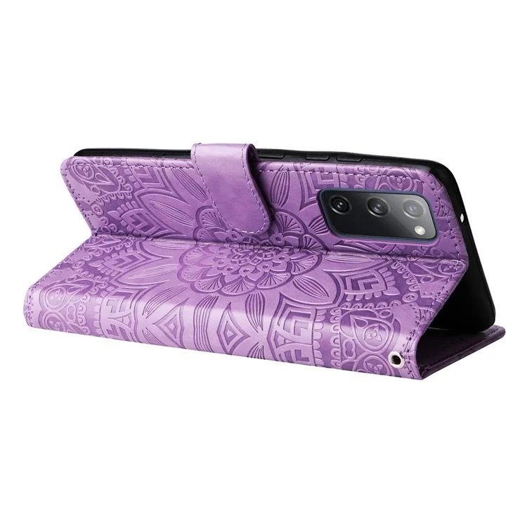 Pour Samsung Galaxy S20 FE / S20 FE 5G / S20 Lite Sunflower Imprinted PU Leather Case Stand Magnetic Clasp Wallet Phone Cover avec sangle - Violet