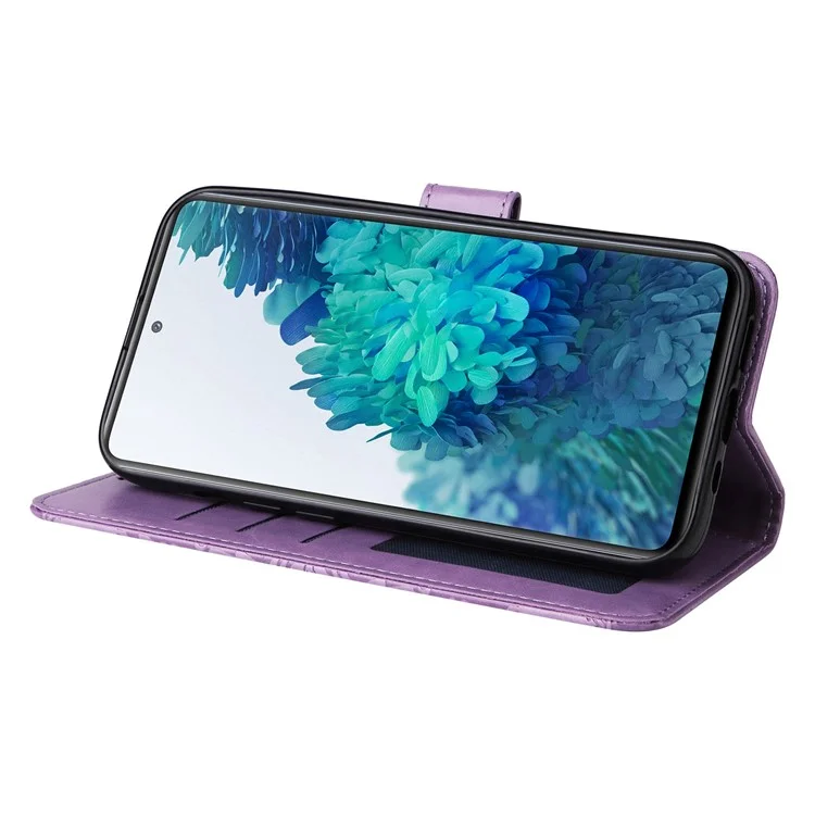 Pour Samsung Galaxy S20 FE / S20 FE 5G / S20 Lite Sunflower Imprinted PU Leather Case Stand Magnetic Clasp Wallet Phone Cover avec sangle - Violet