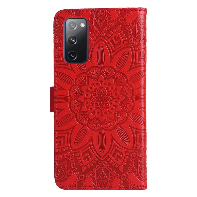 For Samsung Galaxy S20 FE / S20 FE 5G / S20 Lite Sunflower Imprinted PU Leather Case Stand Magnetic Clasp Wallet Phone Cover with Strap - Red
