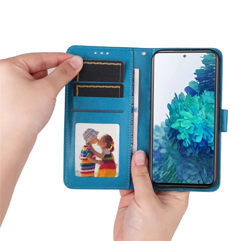 For Samsung Galaxy S20 FE / S20 FE 5G / S20 Lite Sunflower Imprinted PU Leather Case Stand Magnetic Clasp Wallet Phone Cover with Strap - Blue