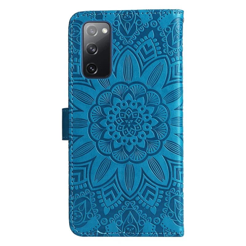 For Samsung Galaxy S20 FE / S20 FE 5G / S20 Lite Sunflower Imprinted PU Leather Case Stand Magnetic Clasp Wallet Phone Cover with Strap - Blue