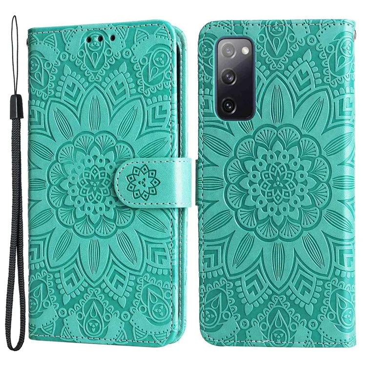 Para Samsung Galaxy S20 FE / S20 FE 5G / S20 Lite Sunflower Imprinted PU Leather Case Stand Magnetic Clasp Wallet Phone Cover com Alça - Verde
