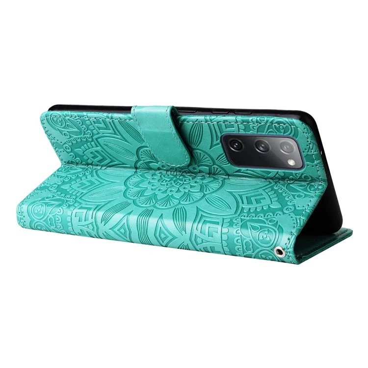 Para Samsung Galaxy S20 FE / S20 FE 5G / S20 Lite Sunflower Imprinted PU Leather Case Stand Magnetic Clasp Wallet Phone Cover com Alça - Verde