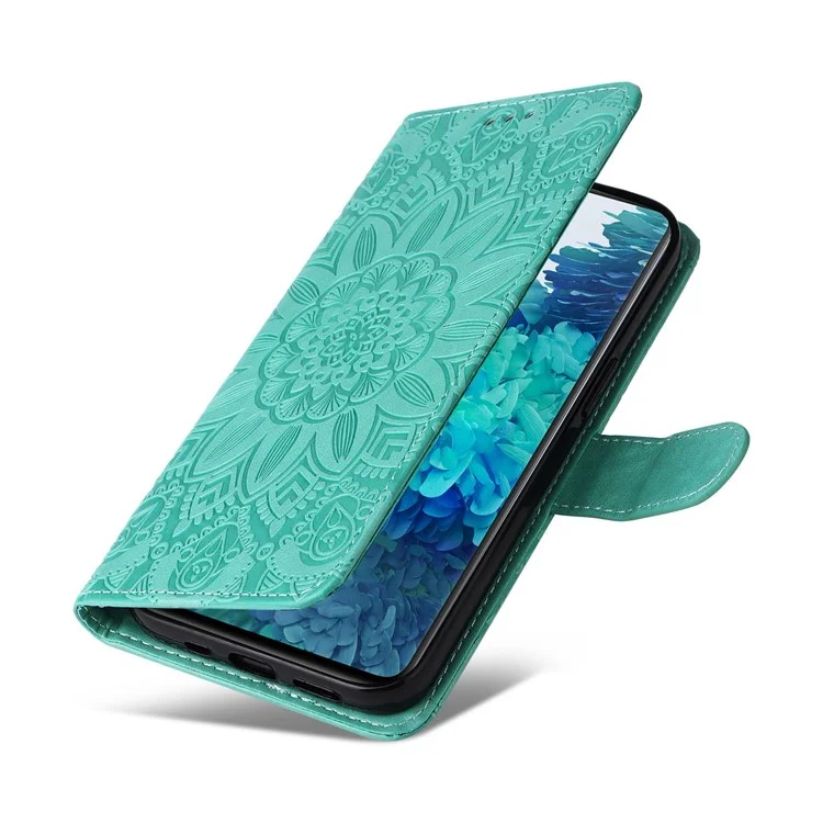 Para Samsung Galaxy S20 FE / S20 FE 5G / S20 Lite Sunflower Imprinted PU Leather Case Stand Magnetic Clasp Wallet Phone Cover com Alça - Verde