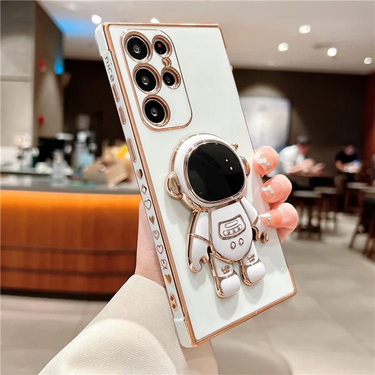 Funda para Samsung Galaxy S23 Ultra Corazones de amor Electrochapado TPU Cubierta de teléfono con soporte para astronauta - Blanco marfil