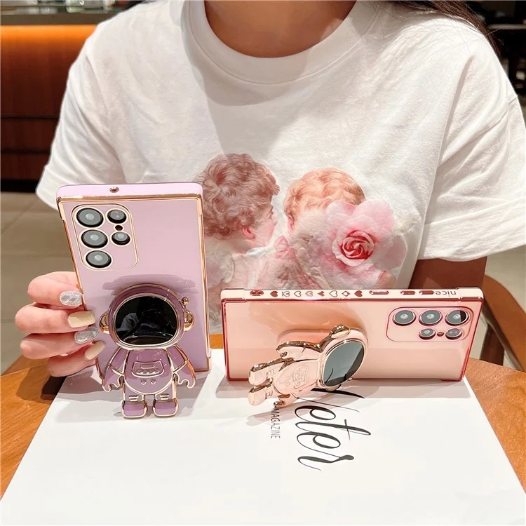 Funda para Samsung Galaxy S23 Ultra Corazones de amor Electrochapado TPU Cubierta de teléfono con soporte para astronauta - Blanco marfil