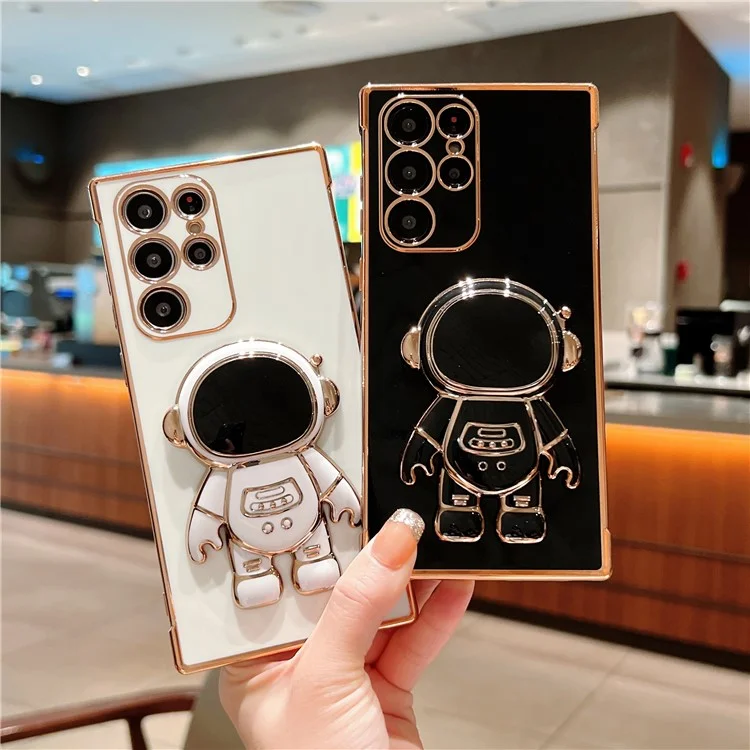 Funda para Samsung Galaxy S23 Ultra Corazones de amor Electrochapado TPU Cubierta de teléfono con soporte para astronauta - Blanco marfil