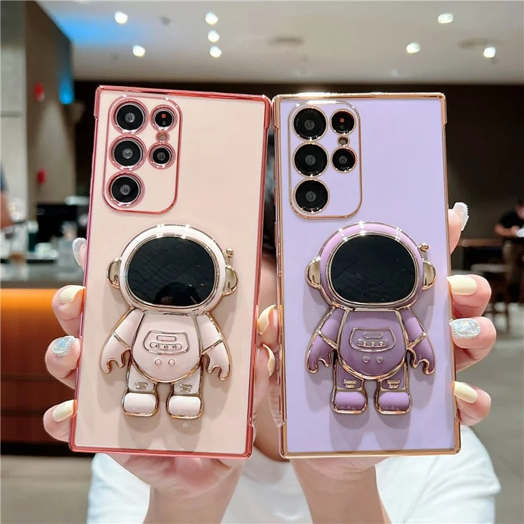 Funda para Samsung Galaxy S23 Ultra Corazones de amor Electrochapado TPU Cubierta de teléfono con soporte para astronauta - Blanco marfil