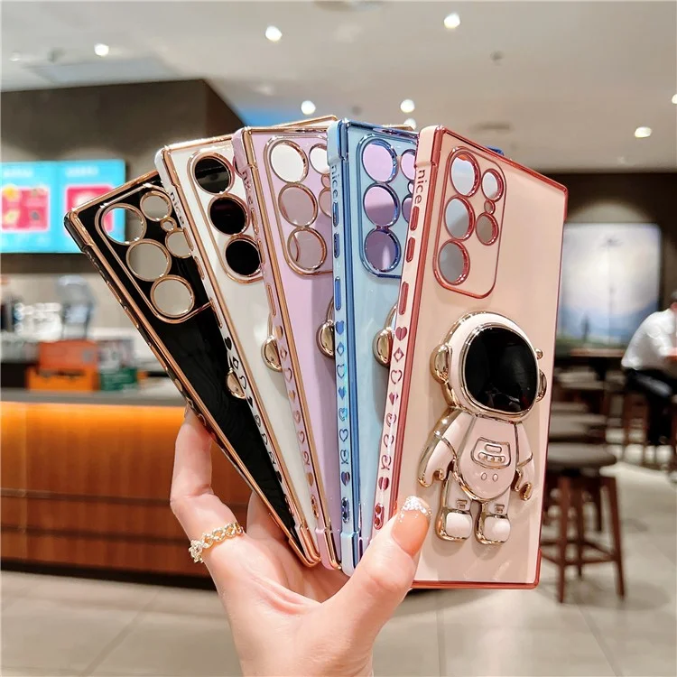 Funda para Samsung Galaxy S23 Ultra Corazones de amor Electrochapado TPU Cubierta de teléfono con soporte para astronauta - Blanco marfil