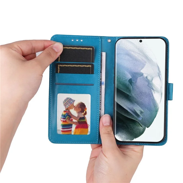 Per Samsung Galaxy S22 Ultra 5G Sunflower Exprinted Wallet Telefono Case PU Stand da Polso in Pelle Flip Coperchio Flip - Blu