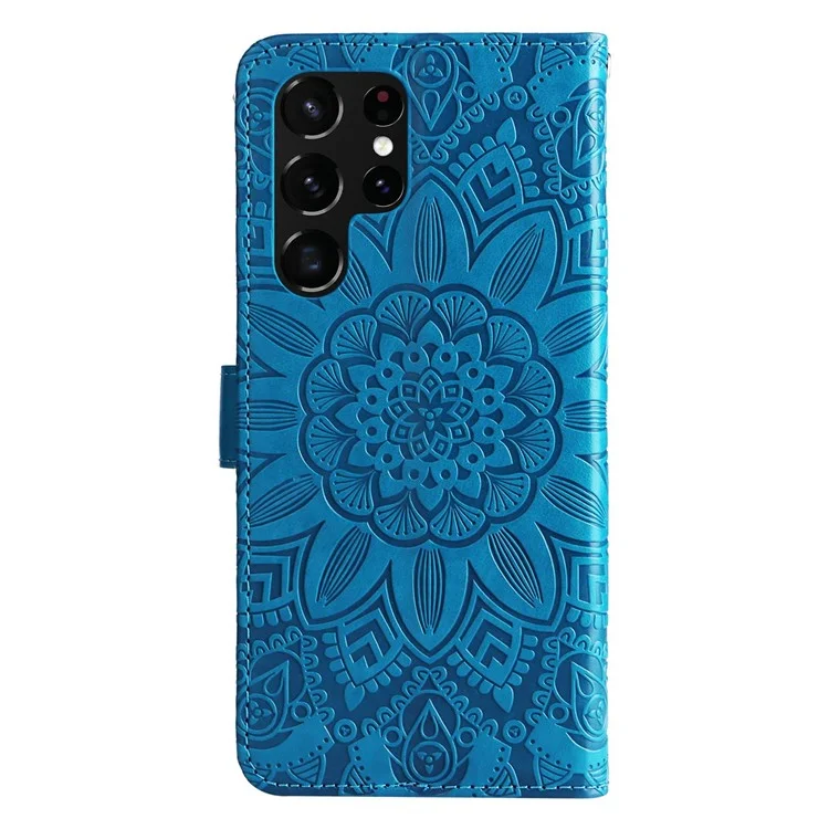 Per Samsung Galaxy S22 Ultra 5G Sunflower Exprinted Wallet Telefono Case PU Stand da Polso in Pelle Flip Coperchio Flip - Blu
