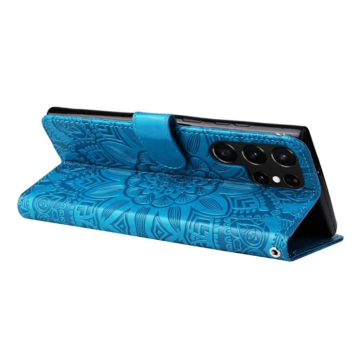 Per Samsung Galaxy S22 Ultra 5G Sunflower Exprinted Wallet Telefono Case PU Stand da Polso in Pelle Flip Coperchio Flip - Blu