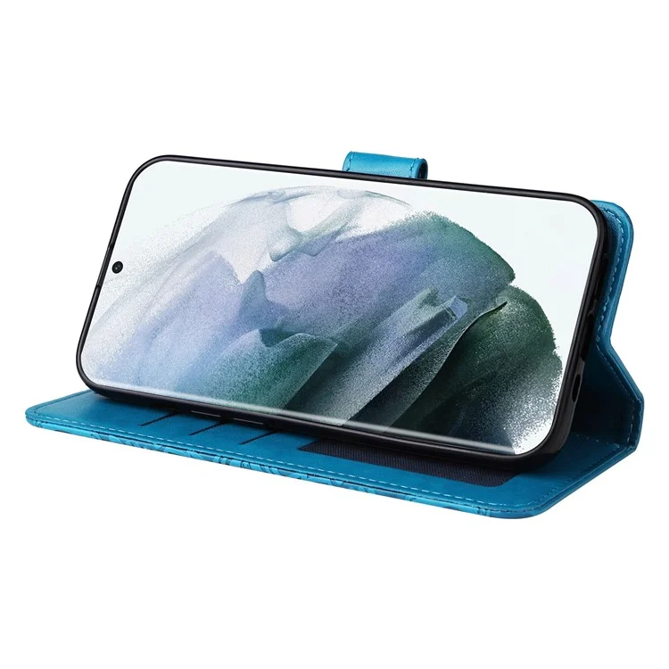 Per Samsung Galaxy S22 Ultra 5G Sunflower Exprinted Wallet Telefono Case PU Stand da Polso in Pelle Flip Coperchio Flip - Blu