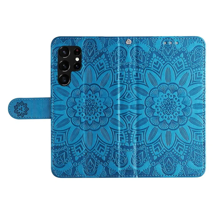Per Samsung Galaxy S22 Ultra 5G Sunflower Exprinted Wallet Telefono Case PU Stand da Polso in Pelle Flip Coperchio Flip - Blu