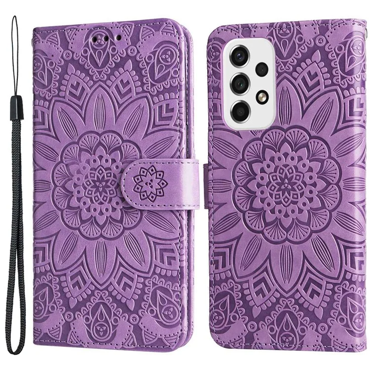 Per Samsung Galaxy A53 5G Sunflower Imprinted Magnetic Closure Phone Case PU Leather Stand Flip Wallet Cover with Wrist Strap - Viola