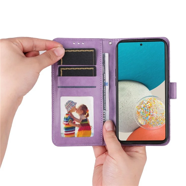 Per Samsung Galaxy A53 5G Sunflower Imprinted Magnetic Closure Phone Case PU Leather Stand Flip Wallet Cover with Wrist Strap - Viola