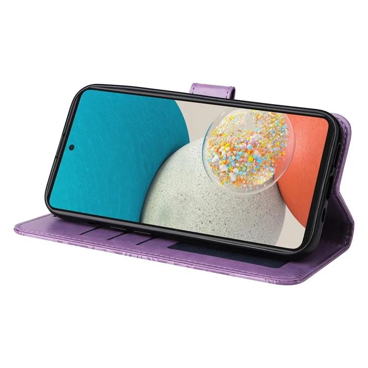 Per Samsung Galaxy A53 5G Sunflower Imprinted Magnetic Closure Phone Case PU Leather Stand Flip Wallet Cover with Wrist Strap - Viola