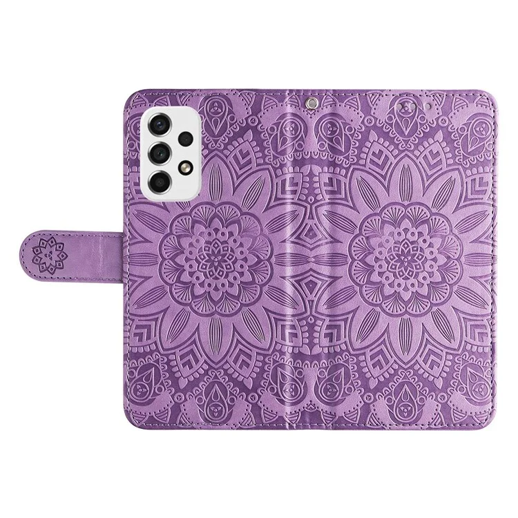 Per Samsung Galaxy A53 5G Sunflower Imprinted Magnetic Closure Phone Case PU Leather Stand Flip Wallet Cover with Wrist Strap - Viola