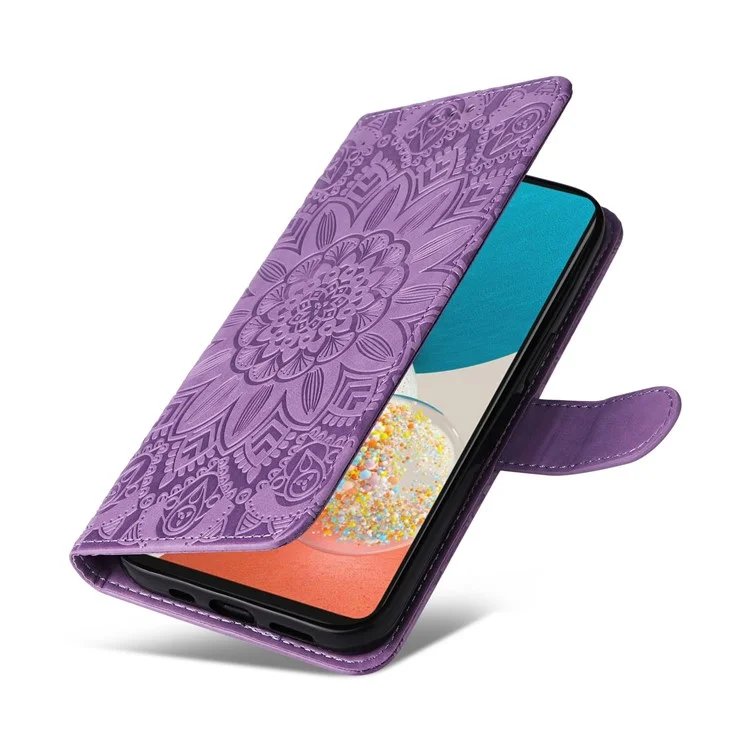 Per Samsung Galaxy A53 5G Sunflower Imprinted Magnetic Closure Phone Case PU Leather Stand Flip Wallet Cover with Wrist Strap - Viola
