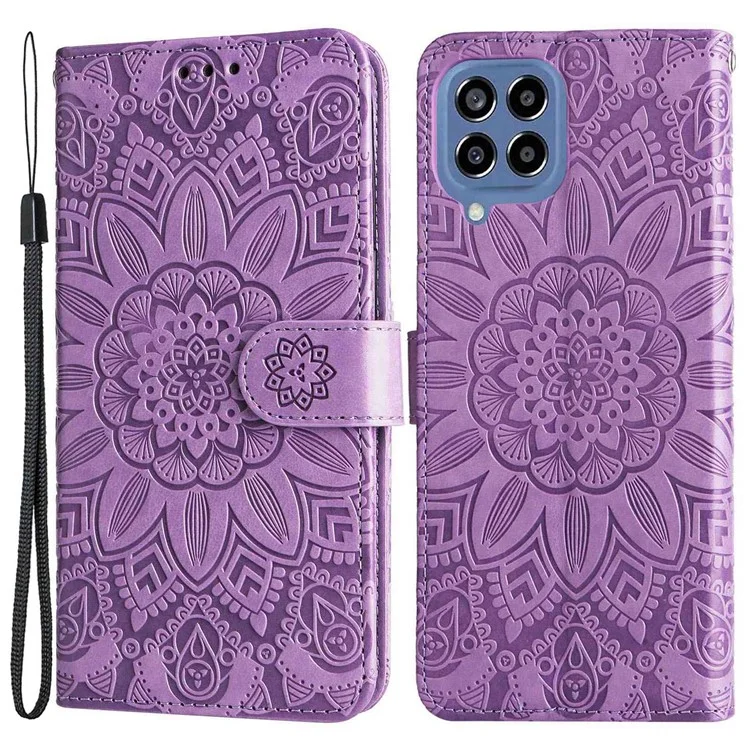 Para Samsung Galaxy M33 5G (versión Global) Caja de Cuero PU de Choque Cierre Magnético Magnflower Imprimido Flip Willet Cover Con Correa - Violeta