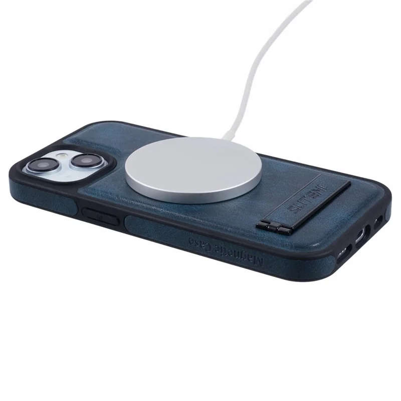 SUTENI G2 For iPhone 14 Magnetic Case Leather Phone Back Cover Waxy Texture Kickstand - Blue