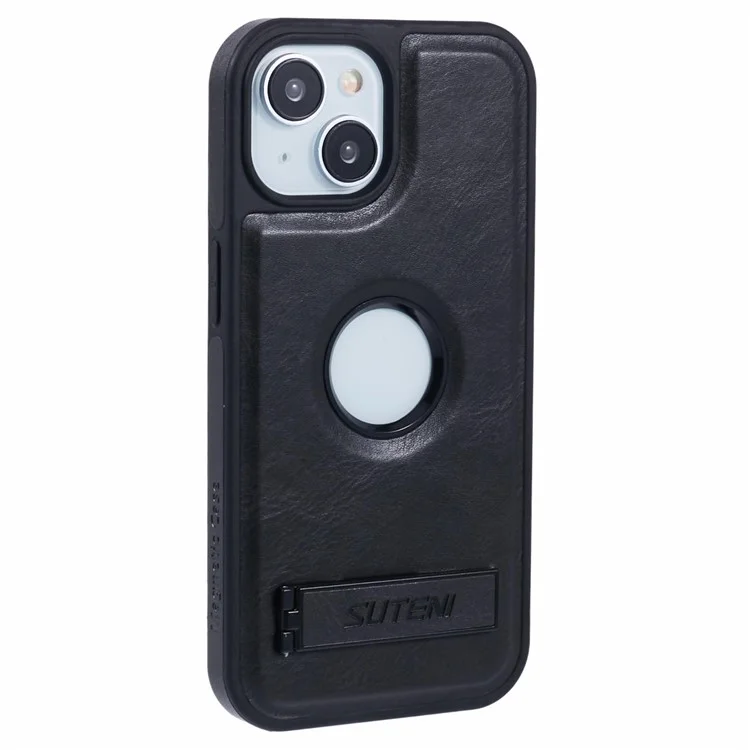 SUTENI G2 For iPhone 14 Magnetic Case Leather Phone Back Cover Waxy Texture Kickstand - Black