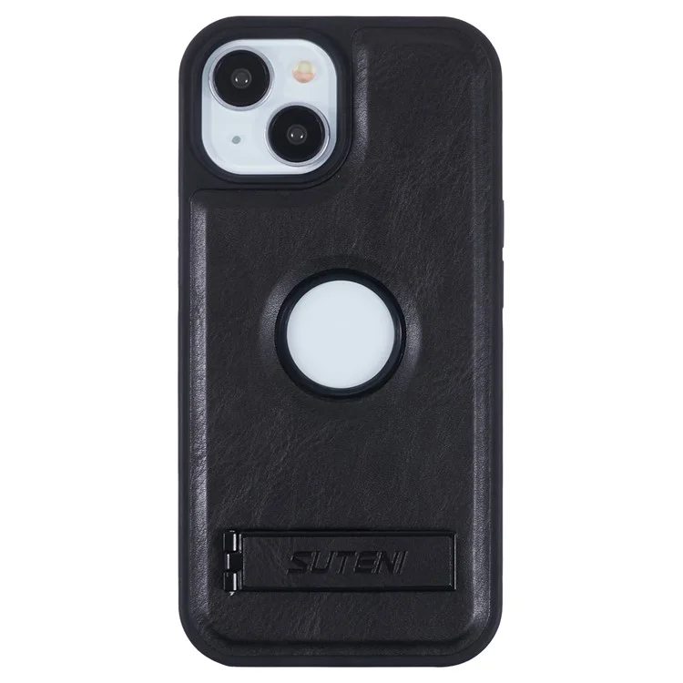 SUTENI G2 For iPhone 14 Magnetic Case Leather Phone Back Cover Waxy Texture Kickstand - Black