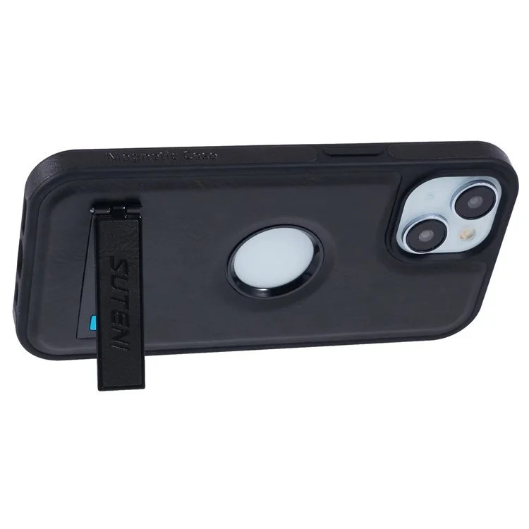 SUTENI G2 For iPhone 14 Magnetic Case Leather Phone Back Cover Waxy Texture Kickstand - Black