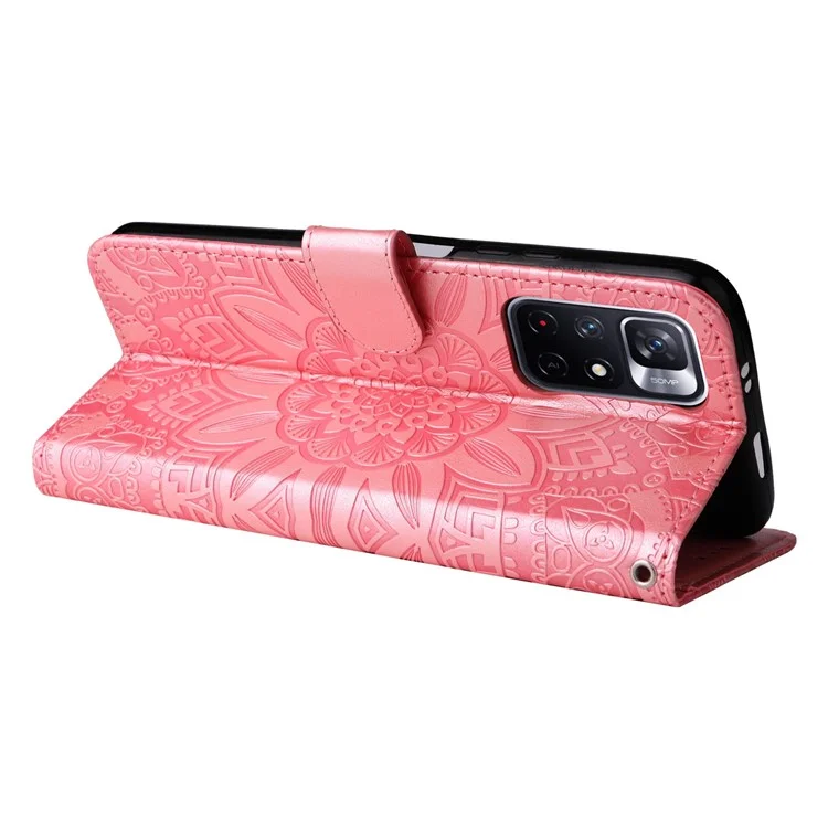 Pour Xiaomi Redmi Note 11T 5G / Remarque 11S 5G / Remarque 11 5G (MediaTek) / Poco M4 Pro 5G Sunflower Imprimé PU Cuir de Support de Support de Porte - Rose