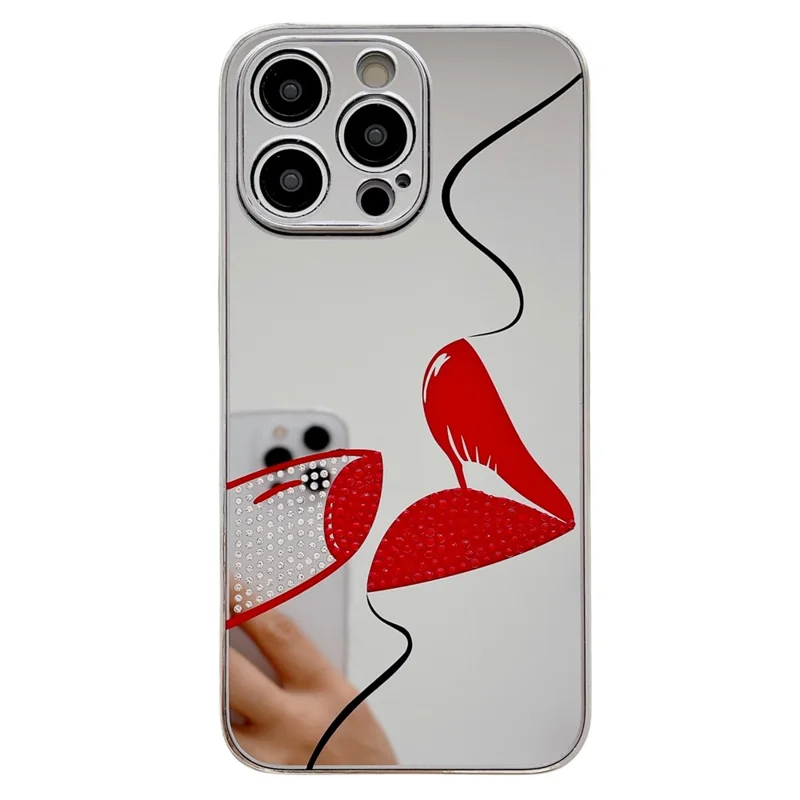 For iPhone 15 Pro Case IMD Silver Finish TPU+PC Rhinestones Decor Phone Cover - Lips