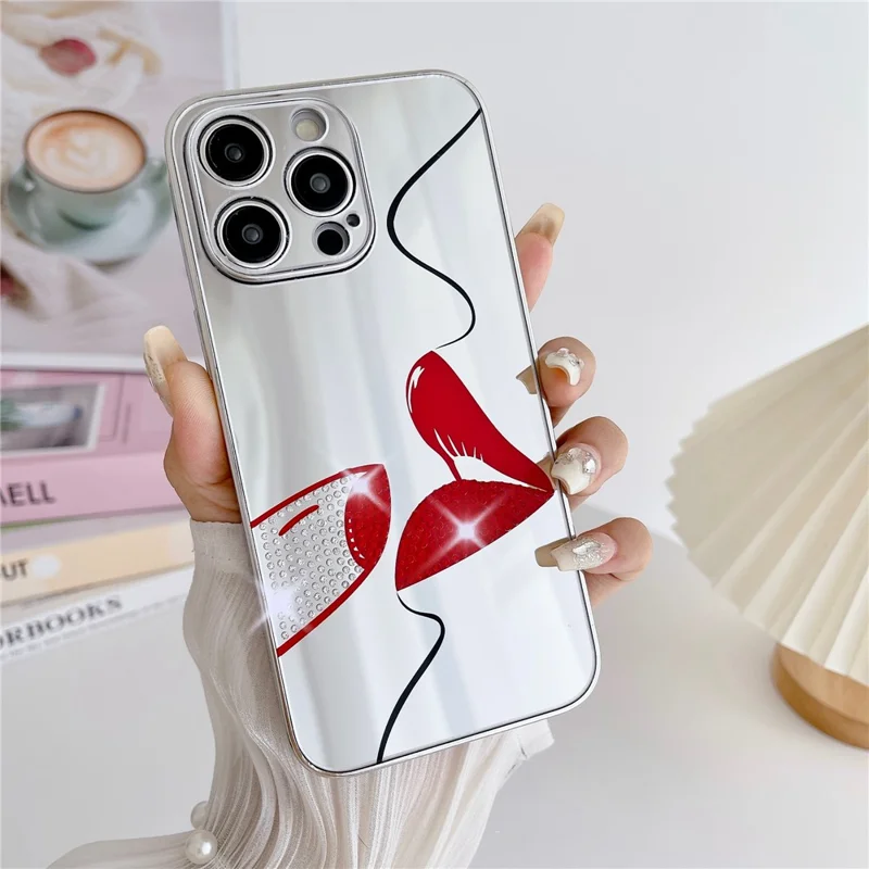 For iPhone 15 Pro Case IMD Silver Finish TPU+PC Rhinestones Decor Phone Cover - Lips