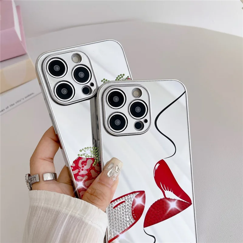 For iPhone 15 Pro Case IMD Silver Finish TPU+PC Rhinestones Decor Phone Cover - Lips