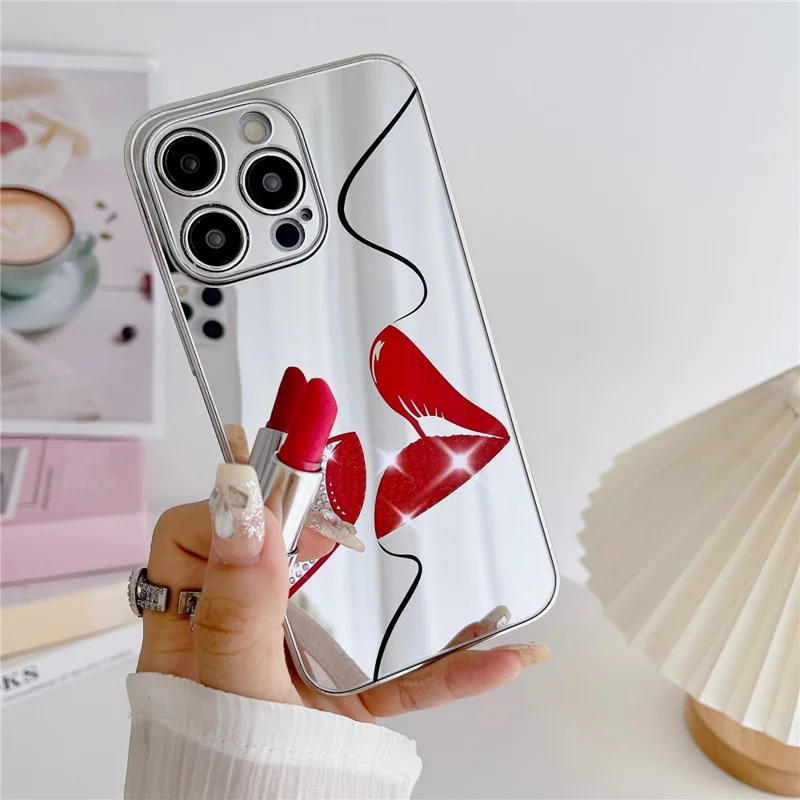 For iPhone 15 Pro Max Case IMD Silver Finish TPU+PC Rhinestones Decor Phone Cover - Lips