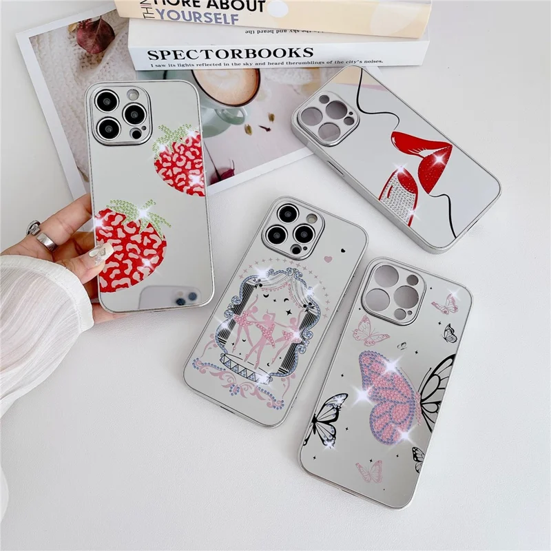 For iPhone 15 Pro Max Case IMD Silver Finish TPU+PC Rhinestones Decor Phone Cover - Lips