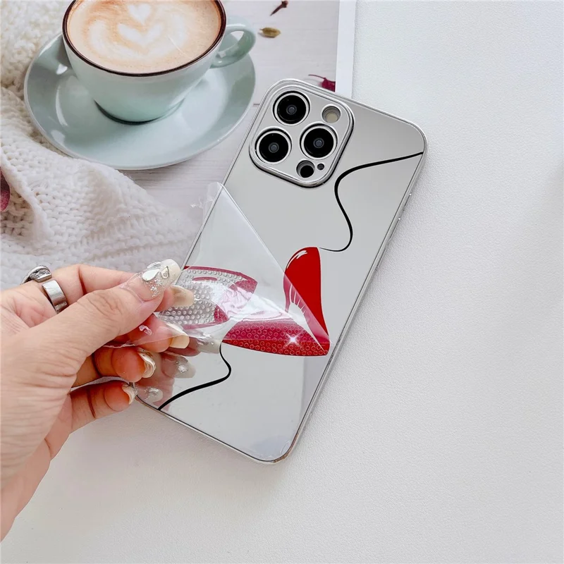 For iPhone 15 Pro Case IMD Silver Finish TPU+PC Rhinestones Decor Phone Cover with Bracelet Chain - Lips
