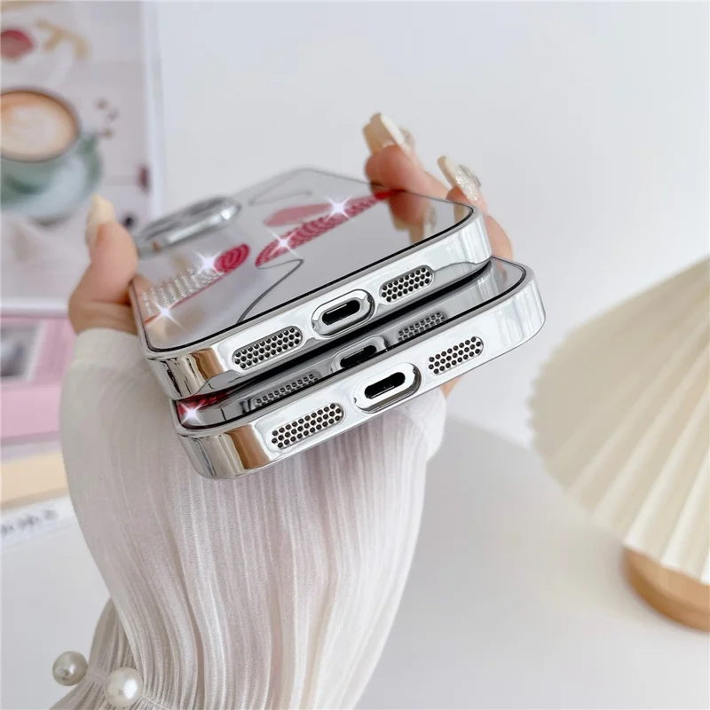 For iPhone 15 Pro Case IMD Silver Finish TPU+PC Rhinestones Decor Phone Cover with Bracelet Chain - Lips